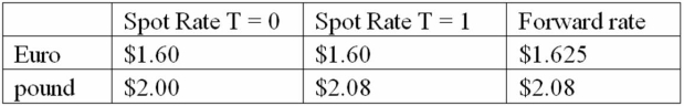 Calculate the euro-based return an Italian investor would have realized by investing €10,000 into a £50 British stock.One year after investment,the stock pays a £1 dividend,and sells for £54 the exchange rate has changed from €1.25 per pound to €1.30 per pound,although he sold £10,000 forward at the forward rate of €1.28 per pound. Spot exchange rates at the start and end of the year are shown in the table.  