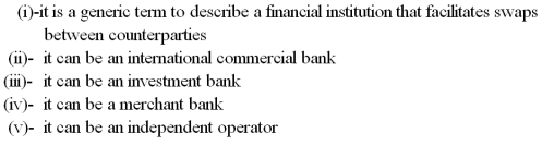 Which combination of the following statements is true about a swap bank?   A) (i)  and (ii)  B) (i) , (ii)  and (iii)  C) (i) , (ii) , (iii)  and (iv)  D) (i) , (ii) , (iii) , (iv)  and (v) 