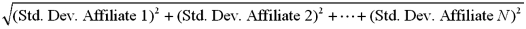 The formula for the standard deviation of cash held by the centralized depository for N affiliates is   A) The formula assumes that interaffiliate cash flows have a correlation coefficient of -1. B) The formula assumes that interaffiliate cash flows have a correlation coefficient of +1. C) The formula assumes that interaffiliate cash flows have a correlation coefficient of 0. D) None of the above