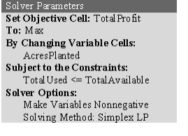 (a)This is a resource-allocation problem.The activities are the planting of the three crops and the limited resources are land,labor,and fertilizer.We will start to build a spreadsheet by entering the data.The data for this problem are the labor required,fertilizer required,and expected profit for each crop (per acre).The data in the spreadsheet would be entered as displayed below,where range names of ProfitPerAcre (C4:E4)and TotalAvailable (H7:H9)are assigned to the corresponding data cells. The decisions to be made in this problem are how many acres of each crop to plant.Therefore,we add three changing cells in C12:E12 with range name AcresPlanted.The values in AcresPlanted (C12:E12)will eventually be determined by the Solver.For now,an arbitrary value of 1 is entered for each crop. The goal is to maximize the family's total profit.Thus,the objective cell should calculate the total profit.In this case,the total profit will be Total Profit = ($500)(acres of oats)+ ($600)(acres of wheat)+ ($950)(acres of corn)or Total Profit = SUMPRODUCT(ProfitPerAcre,AcresPlanted).This formula is entered into cell H12.With 1 acre of each crop planted,the total cost would be ($500)(1)+ ($600)(1)+ ($950)(1)= $2,050. The functional constraints in this problem involve the limited resources of land,labor,and fertilizer.Given the AcresPlanted (the changing cells in C12:E12),we calculate the total resources used in TotalUsed (cells F7:F9).For land,this will be =SUMPRODUCT(C7:E7,AcresPlanted).Using a range name or an absolute reference for the acres planted,this formula can be copied into cells F8:F9 to calculate the amount of labor and fertilizer used.The total resources used must be <= TotalAvailable (H7:H9),as indicated by the <= in G7:G9. The Solver information and solved spreadsheet are shown below. Thus,oats should be planted on 80 acres and wheat on 40 acres,while not planting any corn,with a resulting total profit of $64,000.(b)To build an algebraic model for this problem,start by defining the decision variables.In this case,the three decisions are how many acres of oats,wheat,and corn to plant.These variables are defined below: Let O = Acres of oats planted,W = Acres of wheat planted,C = Acres of corn planted.Next determine the goal of the problem.In this case,the goal is to achieve the highest possible total profit.Each acre of oats yields a profit of $500,each acre of wheat yields a profit of $600,while each acre of corn yields a profit of $950.The objective function is therefore Maximize Total Profit = $500O + $600W + $950C.There are three limited resources in this problem: 120 acres of land,6500 hours of labor,and 200 tons of fertilizer.Each acre of a given crop that is planted uses up one available acre.The data for labor hours used and fertilizer used per acre planted can be used to calculate the total resources used as a function of the decision variables.The total resources used need to be less than or equal to the amount available.These constraints are therefore as follows: Land: O + W + C ≤ 120 acres,Labor: 50O + 60W + 105C ≤ 6500 hours,Fertilizer: 1.5O + 2W + 4C ≤ 200 tons After adding nonnegativity constraints,the complete algebraic formulation is given below: Let O = Acres of Oats planted,W = Acres of Wheat planted,C = Acres of Corn planted.Maximize Total Profit = $500O + $600W + $950C.subject to Land: O + W + C ≤ 120 acres,Labor: 50O + 60W + 105C ≤ 6500 hours,Fertilizer: 1.5O + 2W + 4C ≤ 200 tons and O ≥ 0,W ≥ 0,C ≥ 0.