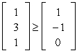 Since   but with   ,strategy 1 of player 2 is dominated by strategy 3,so this strategy 1 is eliminated.Next,[-2 -1] < [3 1] and [-2 -1] < [4 0] ,so strategy 2 for player 1 is dominated by both strategy 1 and strategy 3,so this strategy 2 is eliminated.Next,   ,so strategy 2 for player 2 is dominated by strategy 3,so this strategy 2 is eliminated.Finally,1 > 0,so strategy 3 for player 1 is dominated by strategy 1,so this strategy 3 is eliminated.Therefore,player 1 will choose strategy 1 and player 2 will choose strategy 3,resulting in a payoff of 1 to player 1 and a payoff of -1 to player 2.