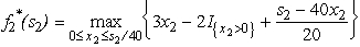 Since the decisions to be made are x<sub>n</sub> = production level of product n,for n = 1,2,3,the stages for a dynamic programming formulation of this problem correspond to the three products.When making the decision for a particular product,the essential information is the amount of production capacity still remaining,so this becomes the current state in this formulation.(a)At stage n,let the state s<sub>n</sub> be measured as the number of 20% blocks of production capacity still available for use on the remaining products,so the possible values of s<sub>n</sub> are 0,1,2,3,4,5,where s<sub>1</sub> = 5,s<sub>2</sub> = 5 - x<sub>1</sub>,and s<sub>3</sub> = s<sub>2</sub> - 2x<sub>2</sub>.Using the c<sub>n</sub> and r<sub>n</sub> values given in the above table,the profit from producing x<sub>n</sub> units of product n is easily calculated as p<sub>n</sub>(x<sub>n</sub>)= r<sub>n</sub>x<sub>n</sub> - c<sub>n</sub>,for n = 1,2,3.Therefore,using the usual dynamic programming notation presented in Sec.11.2 of the textbook,we have , , .Using these expressions for for n = 3,then n = 2,and then n = 1 in turn,the dynamic programming calculations are given below.For n = 3, For n = 2, For n = 1, (b)Now production quantities are treated as continuous variables.Let s<sub>n</sub> be the percentage of the capacity left for the remaining products.(Note that the units of s<sub>n</sub> now are different than in part (a),so the possible values of s<sub>n</sub> now are 0 ≤ s<sub>n</sub> ≤ 100 rather than 0,1,2,3,4,5.)We now have s<sub>1</sub> = 100,s<sub>2</sub> = 100 -20x<sub>1</sub>,and s<sub>3</sub> = s<sub>2</sub> - 40x<sub>2</sub>.For product 3: = s<sub>3 </sub>/20,with = s<sub>3 </sub>/20.For product 2: ,where .This is linear in x<sub>2</sub> except for the term.Therefore,we only need to examine the endpoints of the range for x<sub>2.</sub> If x<sub>2 </sub>= 0,we get = s<sub>2</sub> /20.If x<sub>2 </sub>= s<sub>2</sub> /40,we get .Equating these two quantities,the breakpoint is s<sub>2 </sub>=80.So, and .For product 1: ,where .Again,this is linear in x<sub>1</sub> except for the term.Therefore,we only need to examine the endpoints of the range for x<sub>1.</sub> If x<sub>1 </sub>= 0,we get = 5.5.If x<sub>1 </sub>= 3,we get = 6 - 3 + (40)= 5.So, <sub> </sub>= 0 and (100)= 5.5.With = 0,the state at stage 2 becomes s<sub>2</sub> = 100,which leads to = 2.5 and s<sub>3</sub> = 0,so = 0.Therefore,the optimal solution is to produce 2.5 units of product 2,but none of products 1 and 3,with a profit of 5.5.This is better than with the integer restriction in part (a),as we would expect.