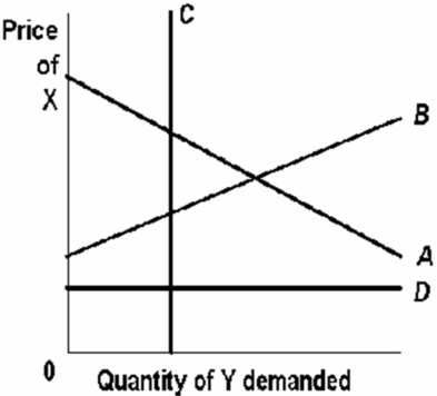   -Refer to the above graph.X and Y are unrelated products.Which one of the lines in the graph best illustrates this relationship? A)  A B)  B C)  C D)  D