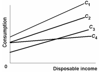   -Refer to the consumption schedules shown in the above diagram for economies 1,2,3,and 4.The MPC is greatest in economy: A)  1 B)  2 C)  3 D)  4