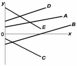   -Refer to the above diagram.Which line(s) show(s) a positive vertical intercept? A)  A and D only B)  B and C only C)  A,D,and E D)  A,D,and B