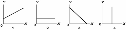   -Answer on the basis of the relationships shown in the above four figures.The amount of Y is unrelated to the amount of X in: A)  both 2 and 4. B)  3 only. C)  2 only. D)  1