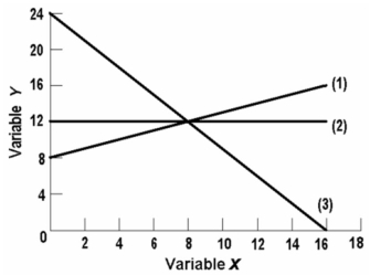   -The linear equation for line (1) on the above graph is: A)  y = 8 + 2x. B)  y = 8 + .5x. C)  x = 8 + .5y. D)  y = 8 - 2x.