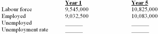   (a)How is it possible that both employment and unemployment increased? (b)Would you say that year 5 was a year of full employment? (c)Why is the task of maintaining full employment over the years more than just a problem of finding jobs for those who happen to be unemployed at any given time?   (a)The labour force increased more than employment increased. (b)Yes,the unemployment rate of 6.9% is within the 6-7% range considered to be full employment. (c)The number of people looking for work expands.
