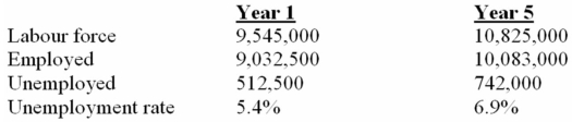   (a)How is it possible that both employment and unemployment increased? (b)Would you say that year 5 was a year of full employment? (c)Why is the task of maintaining full employment over the years more than just a problem of finding jobs for those who happen to be unemployed at any given time?   (a)The labour force increased more than employment increased. (b)Yes,the unemployment rate of 6.9% is within the 6-7% range considered to be full employment. (c)The number of people looking for work expands.