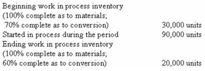 The following data were taken from the accounting records of the Hazel Corporation,which uses the weighted-average method in its process costing system:   What were the equivalent units of production for conversion costs? A)  102,000 units. B)  112,000 units. C)  111,000 units. D)  100,000 units. 