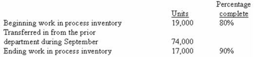 (Appendix 6A) Marten Company uses the FIFO method in its process costing system.Operating data for the Casting Department for the month of September appear below:   According to the company's records,the conversion cost in beginning work-in-process inventory was $83,600 at the beginning of September.Additional conversion costs of $427,682 were incurred in the department during the month. What would be the cost per equivalent unit for conversion costs for September on the Casting Department's production report? (Round off to three decimal places. )  A)  $5.498. B)  $5.779. C)  $5.620. D)  $5.500. 