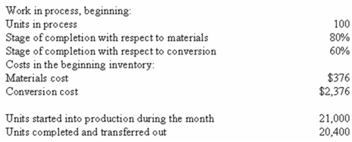 (Appendix 6A)Darver Inc.uses the FIFO method in its process costing system.The following data concern the operations of the company's first processing department for a recent month:        Required: Prepare a production report for the department using the FIFO method.
