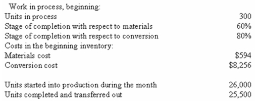 (Appendix 6A)Easy Inc.uses the FIFO method in its process costing system.The following data concern the operations of the company's first processing department for a recent month:        Required: Using the FIFO method: a)Determine the equivalent units of production for materials and conversion costs. b)Determine the cost per equivalent unit for materials and conversion costs. c)Determine the cost of units transferred out of the department during the month. d)Determine the cost of ending work-in-process inventory in the department.