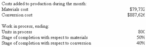 (Appendix 6A)Easy Inc.uses the FIFO method in its process costing system.The following data concern the operations of the company's first processing department for a recent month:        Required: Using the FIFO method: a)Determine the equivalent units of production for materials and conversion costs. b)Determine the cost per equivalent unit for materials and conversion costs. c)Determine the cost of units transferred out of the department during the month. d)Determine the cost of ending work-in-process inventory in the department.