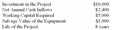 (Appendix 13A) The following data pertain to an investment in equipment:   At the completion of the project,the working capital will be released for use elsewhere.What is the net present value of the project,using a discount rate of 10%? (Ignore income taxes in this problem. ) (Do not round your intermediate calculations and round the final answer to the nearest whole dollar. )  A)  $603. B)  $126. C)  ($1,729) . D)  ($517) . 