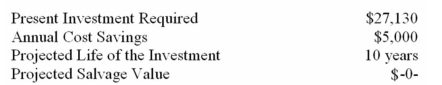 (Appendix 13A) The following data pertain to an investment proposal:   What would be the internal rate of return? (Ignore income taxes in this problem. )  A)  5.426%. B)  13.0%. C)  54.26%. D)  542.6%. 