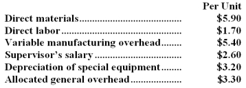 <strong>Part N29 is used by Farman Corporation to make one of its products.A total of 11,000 units of this part are produced and used every year.The company's Accounting Department reports the following costs of producing the part at this level of activity:   An outside supplier has offered to make the part and sell it to the company for $21.20 each.If this offer is accepted,the supervisor's salary and all of the variable costs,including the direct labor,can be avoided.The special equipment used to make the part was purchased many years ago and has no salvage value or other use.The allocated general overhead represents fixed costs of the entire company,none of which would be avoided if the part were purchased instead of produced internally.In addition,the space used to make part N29 could be used to make more of one of the company's other products,generating an additional segment margin of $29,000 per year for that product.What would be the impact on the company's overall net operating income of buying part N29 from the outside supplier?</strong> A)Net operating income would decline by $38,900 per year. B)Net operating income would increase by $29,000 per year. C)Net operating income would decline by $32,600 per year. D)Net operating income would increase by $19,100 per year. <div style=padding-top: 35px> 