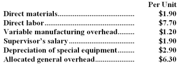 <strong>Ethridge Corporation is presently making part H25 that is used in one of its products.A total of 9,000 units of this part are produced and used every year.The company's Accounting Department reports the following costs of producing the part at this level of activity:   An outside supplier has offered to make and sell the part to the company for $15.40 each.If this offer is accepted,the supervisor's salary and all of the variable costs can be avoided.The special equipment used to make the part was purchased many years ago and has no salvage value or other use.The allocated general overhead represents fixed costs of the entire company,none of which would be avoided if the part were purchased instead of produced internally.If management decides to buy part H25 from the outside supplier rather than to continue making the part,what would be the annual impact on the company's overall net operating income?</strong> A)Net operating income would increase by $24,300 per year. B)Net operating income would decline by $24,300 per year. C)Net operating income would increase by $58,500 per year. D)Net operating income would decline by $58,500 per year. <div style=padding-top: 35px> 