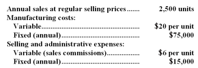 Jerston Company has an annual plant capacity of 3,000 units.Data concerning this product are given below:    The company has received a special order for 500 units at a selling price of $45 each.Regular sales would not be affected,and sales commissions on the 500 units would be reduced by one-third.This special order would have no impact on total fixed costs. Required: Determine whether the company should accept the special order.Show all computations.