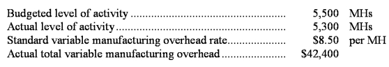 Millonzi Corporation has a standard cost system in which it applies manufacturing overhead to products on the basis of standard machine-hours (MHs) .The company has provided the following data for the most recent month:   What was the variable overhead rate variance for the month? A) $4,350 favorable B) $2,000 unfavorable C) $2,650 favorable D) $1,700 favorable