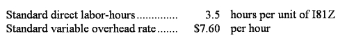 Imme Corporation's variable overhead is applied on the basis of direct labor-hours.The company has established the following variable overhead standards for product I81Z:    The following data pertain to the most recent month's operations during which 1,360 units of product I81Z were made:    Required: a.What was the variable overhead rate variance for the month? b.What was the variable overhead efficiency variance for the month?