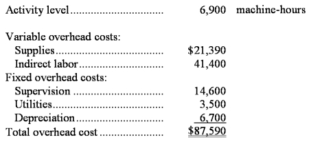 <strong>Stock Manufacturing Corporation has prepared the following overhead budget for next month. The company's variable overhead costs are driven by machine-hours. What would be the total budgeted overhead cost for next month if the activity level is 6,600 machine-hours rather than 6,900 machine-hours?</strong> A)$84,321.00 B)$87,590.00 C)$84,860.00 D)$83,781.74