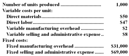 Olds Inc. ,which produces a single product,has provided the following data for its most recent month of operations:   There were no beginning or ending inventories.The absorption costing unit product cost was: A) $97 B) $130 C) $99 D) $207