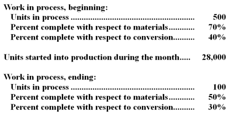 Froment Inc.uses the FIFO method in its process costing system.The following data concern the operations of the company's first processing department for a recent month.   Required: Using the FIFO method,determine the equivalent units of production for materials and conversion costs. 
