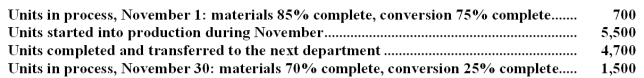 Flitter Corporation uses the weighted-average method in its process costing.The following data pertain to its Materials Preparation Department for November.   Required: Determine the equivalent units of production for the Materials Preparation Department for November using the weighted-average method.