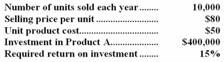 The following information is available on Bruder Inc.'s Product A:   The company uses the absorption costing approach to cost-plus pricing described in the text.Based on these data,the total selling and administrative expenses each year are: A) $240,000 B) $300,000 C) $140,000 D) $200,000