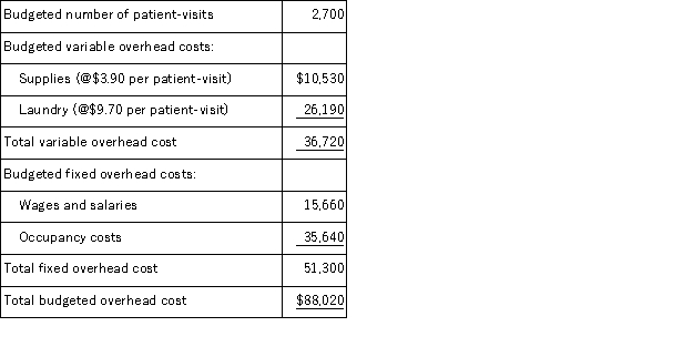Akey Hospital bases its budgets on patient-visits.The hospital's static budget for March appears below:   The total overhead cost at an activity level of 3, 000 patient-visits per month should be: A) $97, 800 B) $92, 100 C) $88, 020 D) $92, 640
