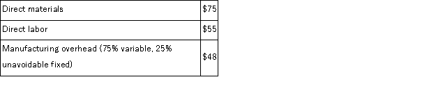 <strong>Farnsworth Television makes and sells portable television sets.Each television regularly sells for $200.The following cost data per television are based on a full capacity of 12,000 televisions produced each period: A special order has been received by Farnsworth for a sale of 2,500 televisions to an overseas customer.The only selling costs that would be incurred on this order would be $10 per television for shipping.Farnsworth is now selling 7,200 televisions through regular distributors each period.What should be the minimum selling price per television in negotiating a price for this special order?</strong> A)$200 B)$166 C)$178 D)$176