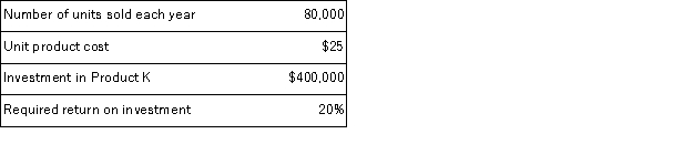 Surent Corporation has the following information available on Product K:   The company uses the absorption costing approach to cost-plus pricing described in the text and a 50% markup.Based on these data, the company's total selling and administrative expenses associated with Product K each year are: A) $80, 000 B) $200, 000 C) $920, 000 D) $800, 000