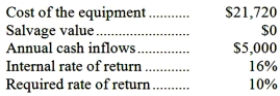 (Ignore income taxes in this problem.)  The following information is available on a new piece of equipment:   The life of the equipment is approximately: A) 6 years. B) 4.3 years. C) 8 years. D) It is impossible to determine from the data given.