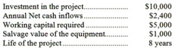 (Ignore income taxes in this problem.)  The following data pertain to an investment in equipment:   At the completion of the project, the working capital will be released for use elsewhere. Compute the net present value of the project, using a discount rate of 10%: A) $606 B) $8,271 C) $(1,729)  D) $1,729