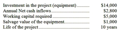 (Ignore income taxes in this problem.)  The following data pertain to an investment proposal:   The working capital would be released for use elsewhere when the project is completed. What is the net present value of the project, using a discount rate of 8 percent? A) $2,566 B) $(251)  C) $251 D) $5,251