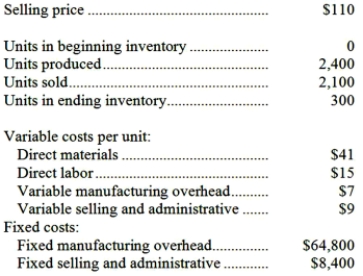 A manufacturing company that produces a single product has provided the following data concerning its most recent month of operations:   The total gross margin for the month under absorption costing is: A) $42,000 B) $14,700 C) $69,000 D) $79,800