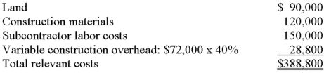 George Jettson builds custom homes in Cincinnati.Jettson was approached not too long ago by a client about a potential project,and he submitted a bid of $590,000,derived as follows: A.A relevant cost analysis shows that the home is still profitable at $455,000,and the offer should be accepted.Keep in mind that business is very slow.     A.Suppose that business is presently very slow,and the client countered with an offer on this home of $455,000.Should Jettson accept the client's offer? Why? B.If Jettson has more business than he can handle,how much should he be willing to accept for the home? Why? B.Since demand is very strong,Jettson should hold firm to the $590,000 price.This way he can cover all of his costs and make his normal 25% profit margin.