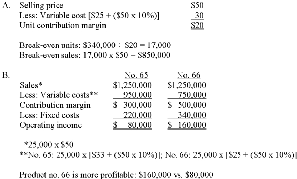 Thomlinson Company is considering the development of two products: no.65 or no.66.Manufacturing cost information follows. A.What is the break-even sales volume (in dollars)on product no.66? B.Which of the two products will be more profitable at a sales level of 25,000 units? C.At what unit-volume level will the profit/loss on product no.65 equal the profit/loss on product no.66?     C.X = Number of units ($50 - $38)X - $220,000 = ($50 - $30)X - $340,000 $12X - $220,000 = $20X - $340,000 $8X = $120,000 X = 15,000 units
