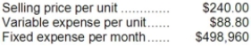 Sanes Corporation produces and sells a single product. Data concerning that product appear below:   The unit sales to attain the company's monthly target profit of $19,000 is closest to: A) 3,426 B) 5,833 C) 3,806 D) 2,158