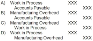 Which of the following entries would correctly record the application of overhead cost?   A) Option A B) Option B C) Option C D) Option D