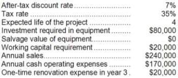 Pulkkinen Corporation has provided the following information concerning a capital budgeting project:   The company uses straight-line depreciation on all equipment. The total cash flow net of income taxes in year 2 is: A) $70,000 B) $50,000 C) $52,500 D) $39,500