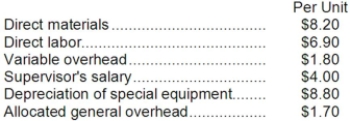 Part O43 is used in one of Scheetz Corporation's products. The company's Accounting Department reports the following costs of producing the 6,000 units of the part that are needed every year.   An outside supplier has offered to make the part and sell it to the company for $26.40 each. If this offer is accepted, the supervisor's salary and all of the variable costs, including direct labor, can be avoided. The special equipment used to make the part was purchased many years ago and has no salvage value or other use. The allocated general overhead represents fixed costs of the entire company. If the outside supplier's offer were accepted, only $1,000 of these allocated general overhead costs would be avoided. Required: a. Prepare a report that shows the effect on the company's total net operating income of buying part O43 from the supplier rather than continuing to make it inside the company. b. Which alternative should the company choose?