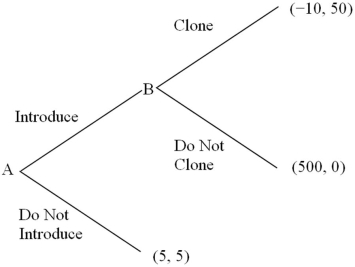 Refer to the normal-form game of price competition shown below.   Firm A must decide whether or not to introduce a new product. If firm A introduces a new product, firm B must decide whether or not to clone the product. The payoff structure of the game is depicted in Figure 10-12. The subgame perfect Nash equilibrium to this game is: A)  Firm A plays  Introduce ; firm B plays  Clone  if firm A plays  Introduce.  B)  Firm A plays  Do Not Introduce ; firm B plays  Clone  if firm A plays  Introduce.  C)  Firm A plays  Introduce ; firm B plays  Do Not Clone  if firm A plays  Introduce.  D)  Firm A plays  Do Not Introduce ; firm B plays  Do Not Clone  if firm A plays  Introduce. 