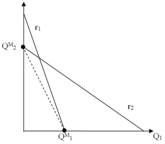 Industry profits are maximized in the figure below:   A)  only at point Q<sup>M</sup><sub>1</sub>. B)  only at point Q<sup>M</sup><sub>2</sub>. C)  on the line segment joining points Q<sup>M</sup><sub>1</sub> and Q<sup>M</sup><sub>2</sub>. D)  at the point where r<sub>1</sub> = r<sub>2</sub>.