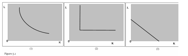 Refer to Figure 5.1.Observe the three isoquants depicted and determine which of the following statements is true.   A) K and L are substitutes in each of the three cases. B) K and L are substitutes in cases (1) and (2) . C) K and L are substitutes in cases (2) and (3) . D) K and L are substitutes in cases (1) and (3) .