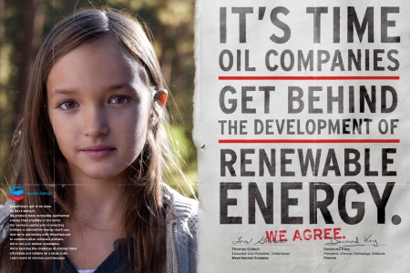   Chevron Ad -Chevron places ads like the one shown above,it conveys its position of supporting renewable energy despite the public perception of its role in the energy shortage.Which type of advertising is Chevron using? A)  reminder B)  competitive C)  pioneering D)  advocacy E)  objective