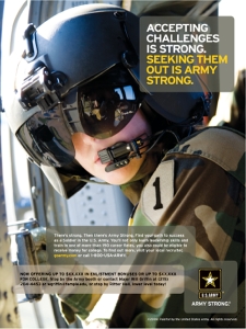   U. S. Army Ad -U.S.Army ad shown above is an example of a(n) __________ advertisement. A)  reminder institutional B)  competitive institutional C)  pioneering institutional D)  advocacy E)  subliminal institutional