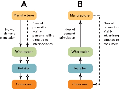   Figure 17-5 -Channel  B  in Figure 17-5 above represents which type of promotional channel strategy? A)  direct B)  indirect C)  push D)  pull E)  vertical