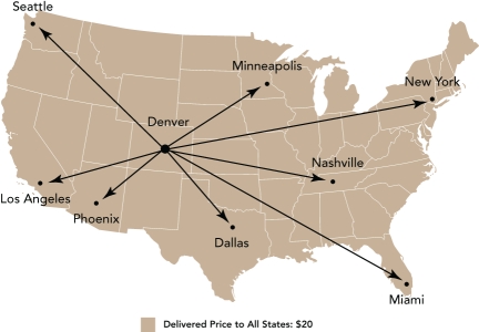   Geographical Pricing Map A -According to the Geographical Pricing Map A above,if the plant in Denver charges $20 to ship its products to all of the identified cities,it is most likely using which type of pricing? A)  FOB origin pricing B)  multiple-zone pricing C)  single-zone pricing D)  freight absorption pricing E)  basing-point pricing
